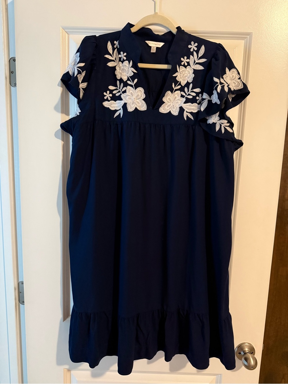 crown & ivy Navy Blue Dress with White Floral Embroidery